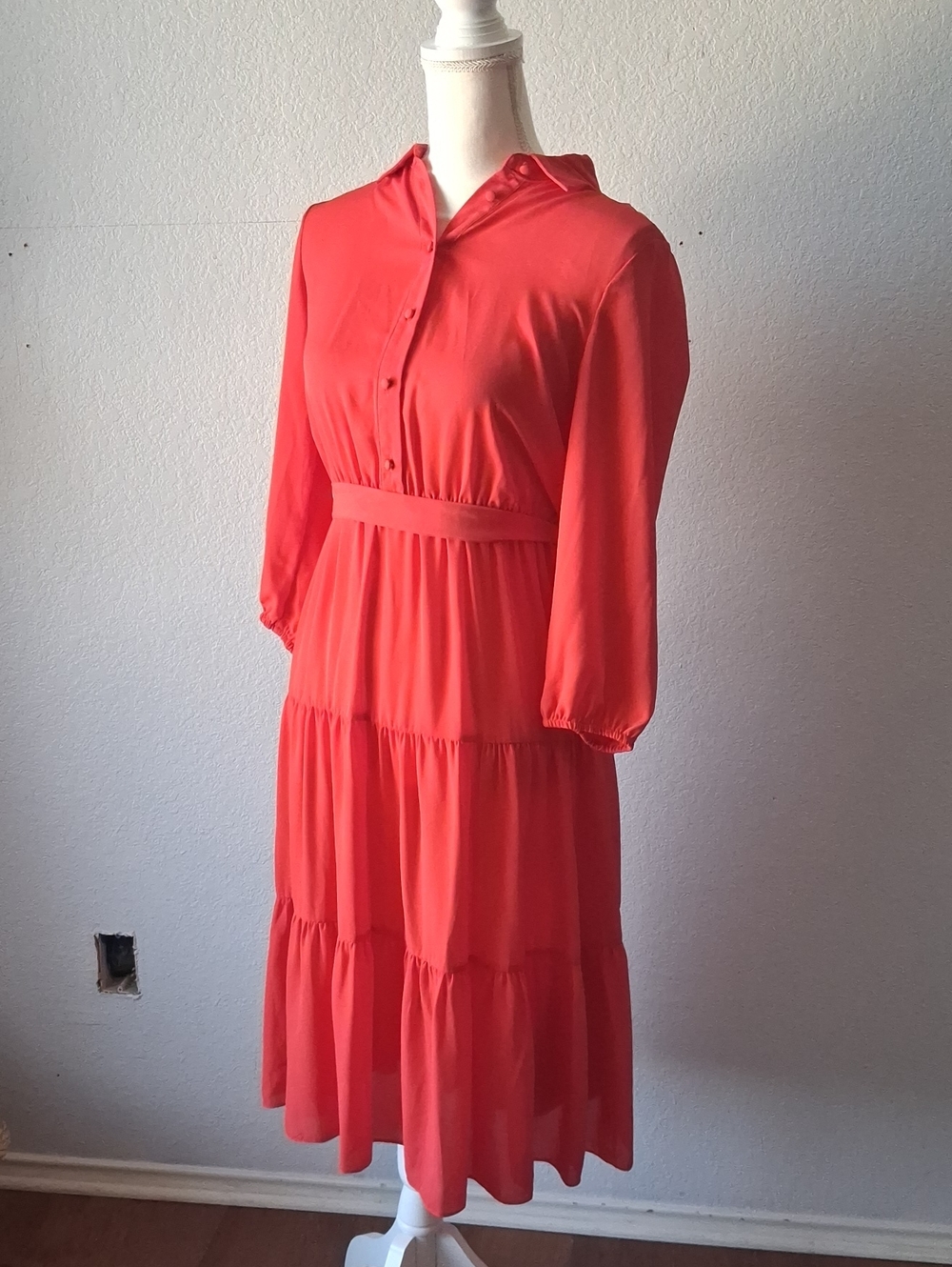 Nanette Lepore Coral-Red Long-Sleeve Tiered Shirt Dress